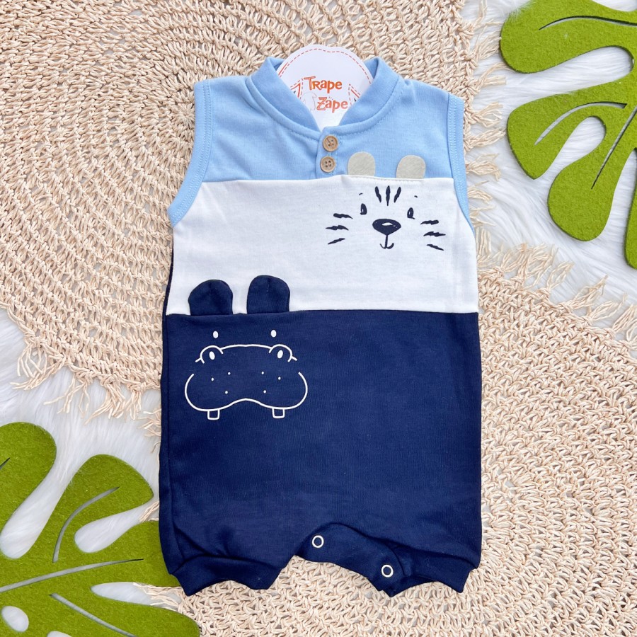 Macaquinho Regata Tigre e Hipopótamo Baby - Azul Claro, Branco e Marinho